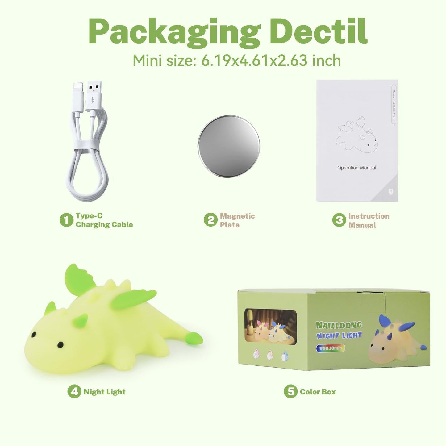 AVEKI Lime Green Dragon Night Light, Cute Baby Dragon Lamp Gifts for Boys and Girls, 10 Modes Touch Dimmable Kids Nightlight, Rechargeable Baby Light for Nursery, Portable Moving Kids Lamp