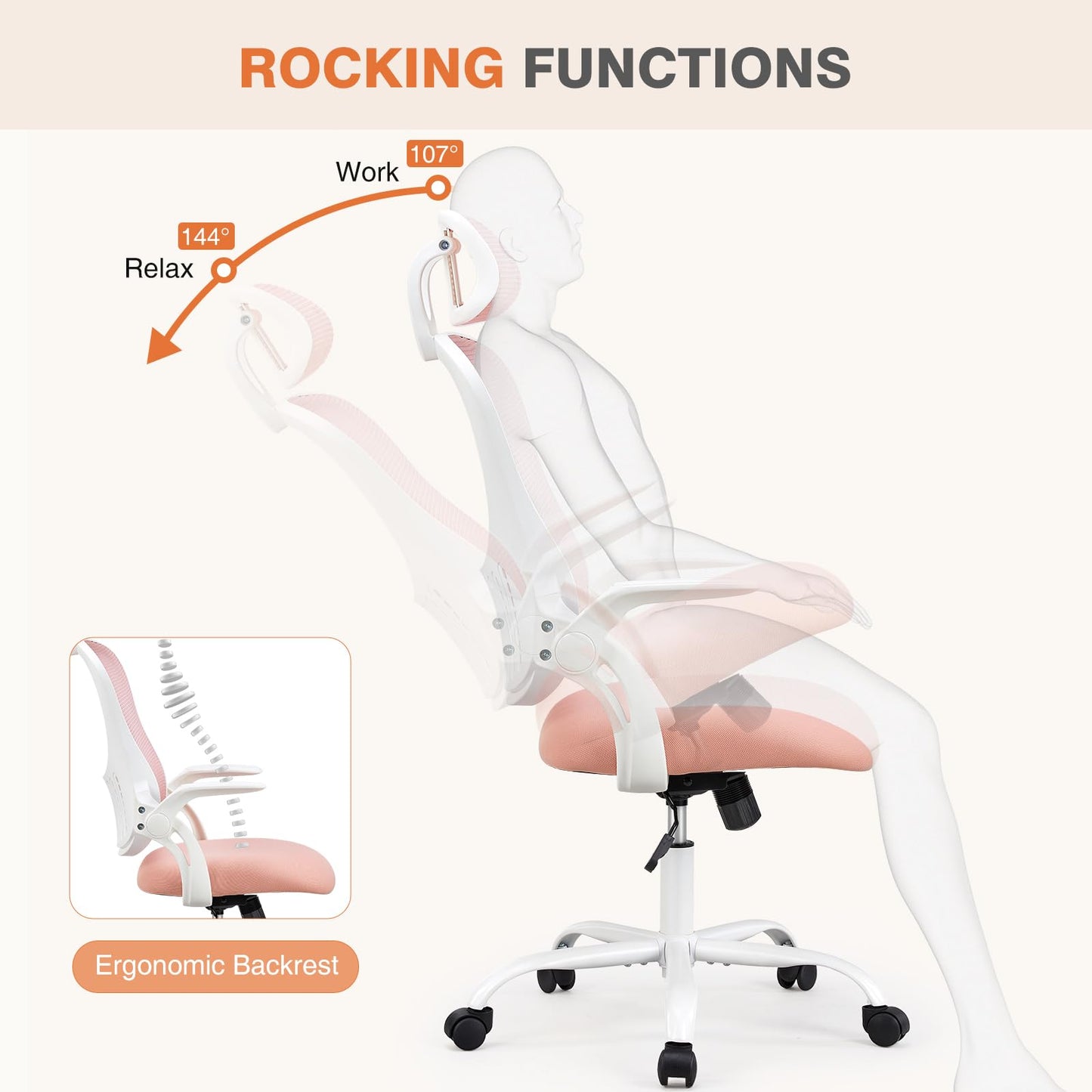 Sweetcrispy Office Computer Desk Chair, Ergonomic High-Back Mesh Rolling Work Chairs with Wheels and Adjustable Headrests, Comfortable Lumbar Support, Comfy Flip-up Arms for Home,Bedroom,Study, Pink