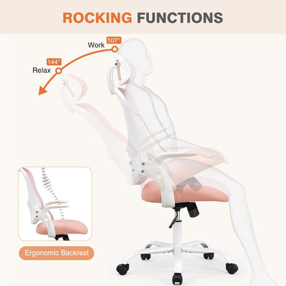 Sweetcrispy Office Computer Desk Chair, Ergonomic High-Back Mesh Rolling Work Chairs with Wheels and Adjustable Headrests, Comfortable Lumbar Support, Comfy Flip-up Arms for Home,Bedroom,Study, Pink