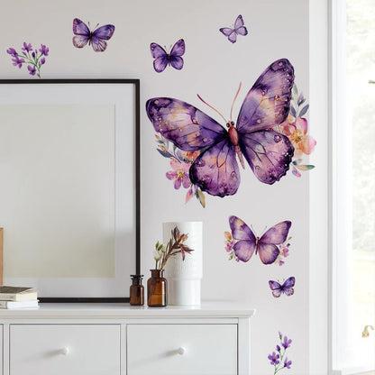 Purple Butterfly Wall Decals Removable Purple Butterflies with Flowers Wall Stickers Peel and Stick Vinyl Butterfly Art Wall Decor for Living Room Bedroom Nursery Bathroom Classroom Decorations