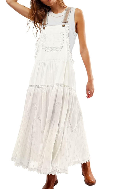 Women's Casual Lace Embroidered Maxi Dress Adjustable Strap Pleated Tiered Swing Long Dress with Pockets