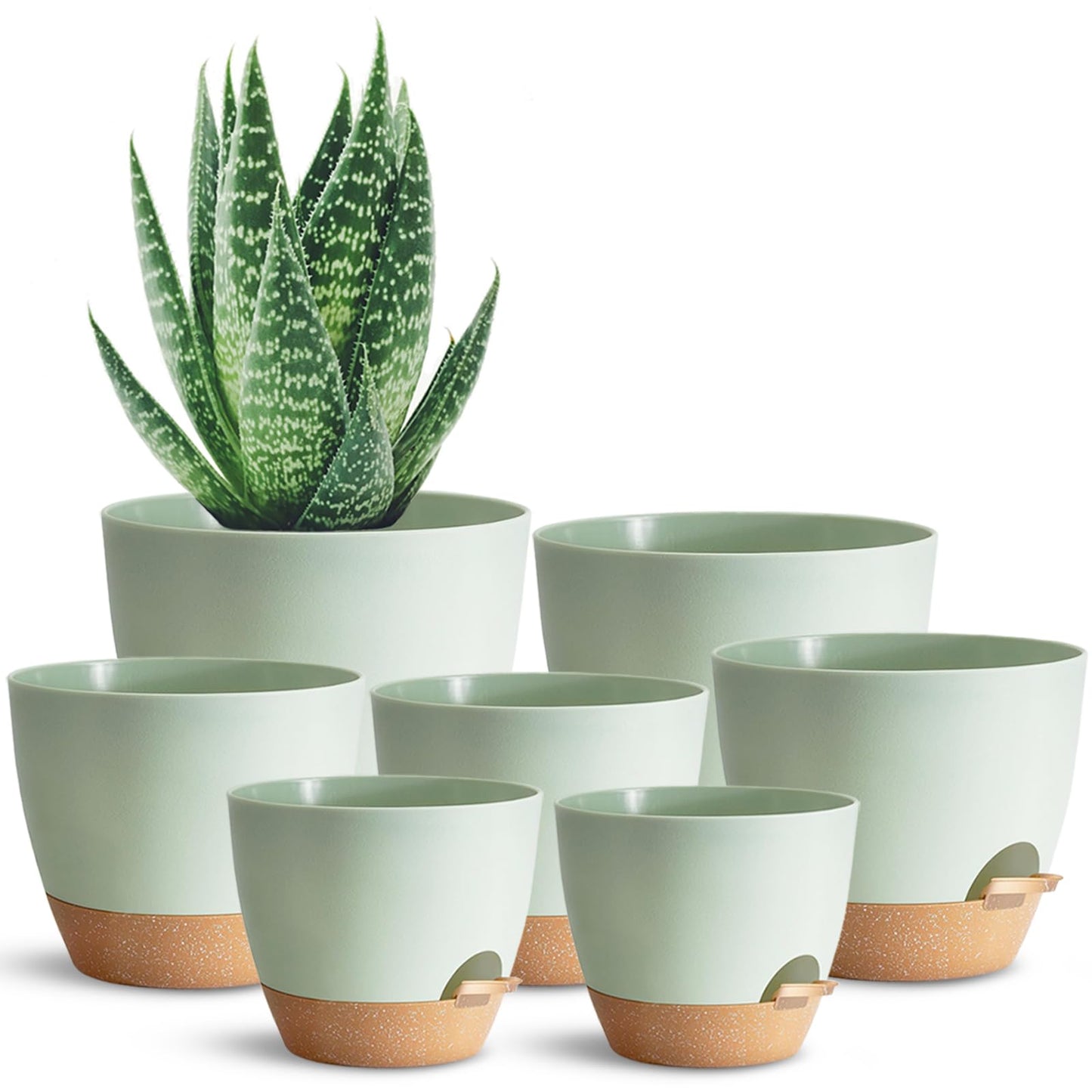 SE SUN-E Self Watering Plant Pot with Drainage Hole,Plant Pots Outdoor Flower Pots for Indoor Plants,Modern Green Plastic Self Watering Planters Succulent Pot 7pcs/Set