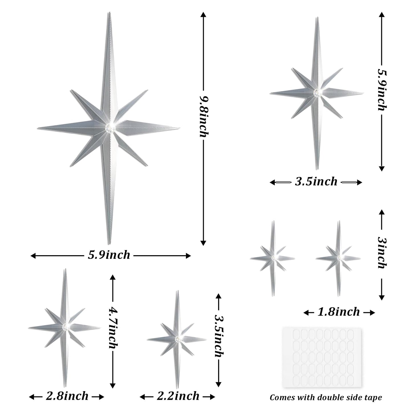BreezeHug 6 Pcs Mid Century Modern Home Decor Star Art Wall Sculpture with Rhinestone Retro 3D Plastic Star Art Wall Sculpture Bling Diamonds Decor for Home Office Bedroom Entryway(Silver)