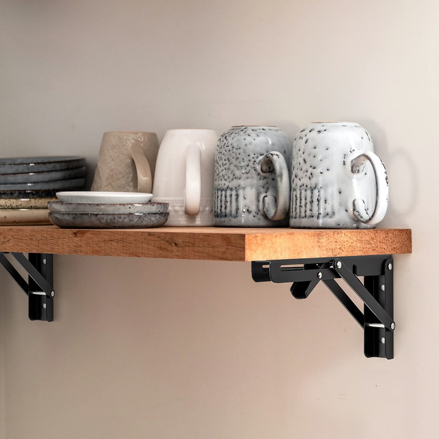 Ravinte 10 Inch Folding Shelf Brackets - Matte Black Collapsible Heavy Duty Brackets for Table Bench - Space Saving, 2 Pack ﻿