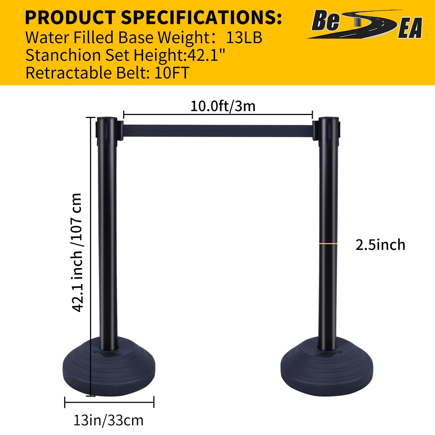 6PACK BESEA Crowd Control Stanchions with 10 FEET Retractable Belts, Water Filled Base Weighted Barriers Black Post