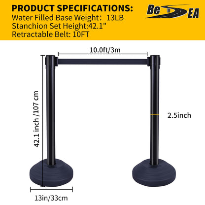 6PACK BESEA Crowd Control Stanchions with 10 FEET Retractable Belts, Water Filled Base Weighted Barriers Black Post