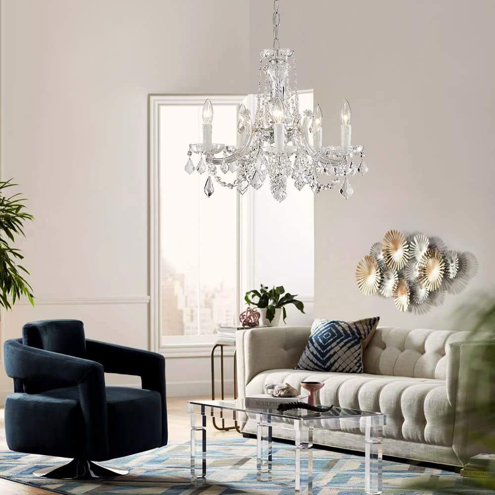 AGV LIGHTING CH001S Modern K9 Crystal Chandelier, Maria Theresa Style Light Fixture, 5-Lights, D20 x H18, Adjustable Chain 59", Chrome Finish Frame