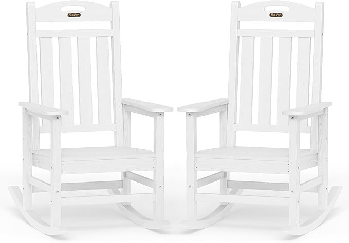Oversized Rocking Chairs Outdoor Set of 2, High Back Porch Rocker Chair, HDPE All Weather Resistant Rocking Chairs for Patio, 380lbs Weight Capacity, White