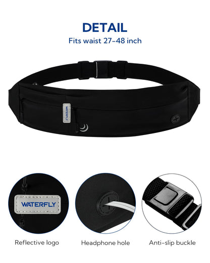 WATERFLY Running Belt Fanny Pack: Runner Marathon Jogging Waist Pack Sport Workout Exercise Fitness Phone Holder Belt for Men Women Jogger Slim Waist Bag Black