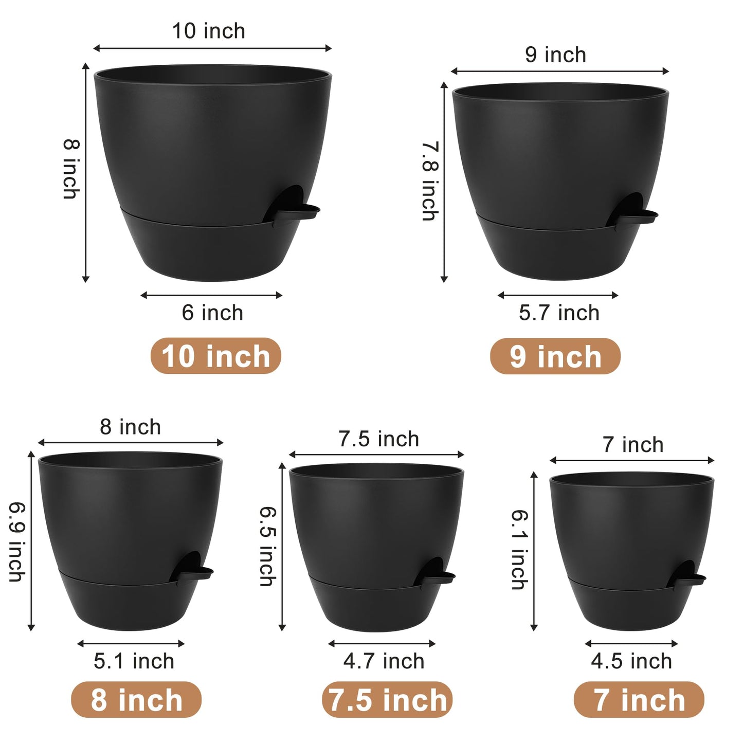 QRRICA Plant Pots 10/9/8/7.5/7 Inch Self Watering Pots, Set of 5 Plastic Planters with Drainage Holes and Saucers,Plastic Flower Pots,Nursery Planting Pot for Indoor Out Door Plants(All Black)