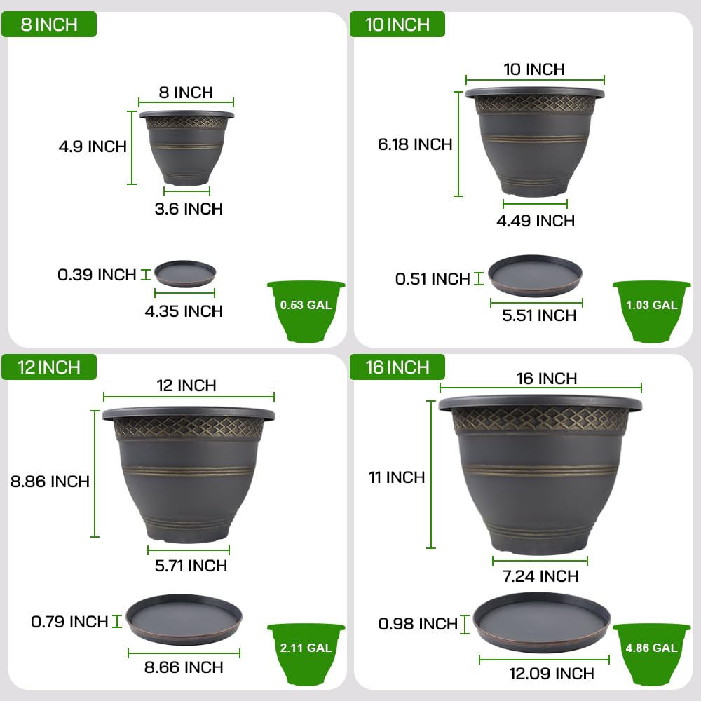 Usocik 4 Pack 16 Inch Large Plant Pots, Plastic Flower Pot for Indoor & Outdoor with Drainage Holes & Saucer, Plaid Pattern Planters Garden Pots for Herbs Gold