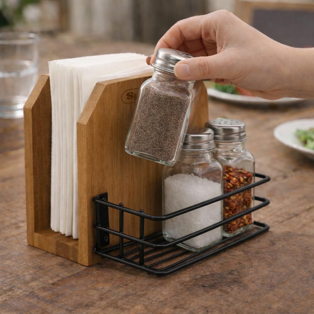 SPREWARE Acacia Wood Napkin Holder with 3 Salt & Pepper Shakers, Rustic Tabletop Napkin and Condiment Caddy, EVA Anti‑Slip Base, Holds 80 Standard Napkins – Grateful Thankful Blessed Design