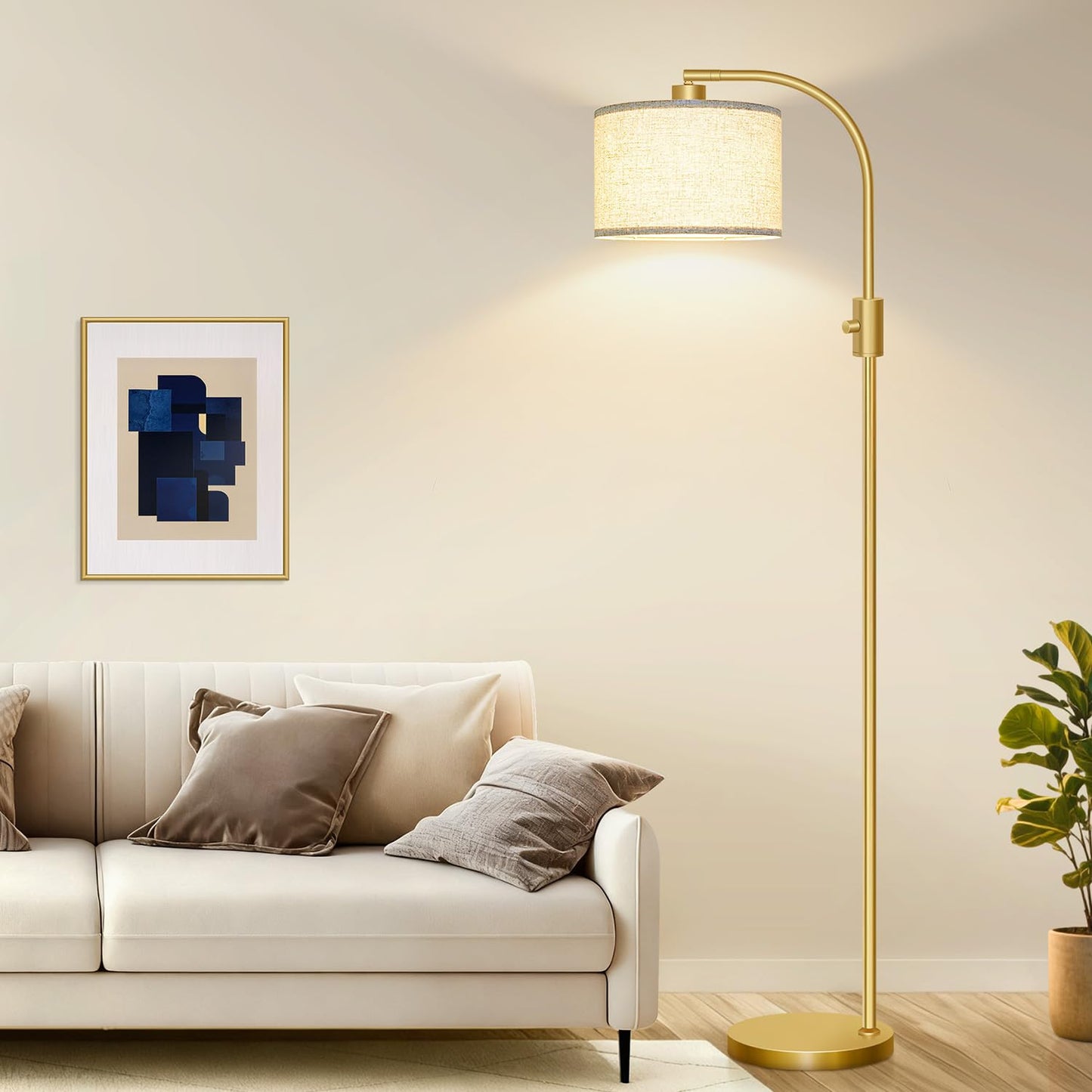 Nintiue Upgraded Modern Arc Dimmable Tall Standing Floor Lamp with Linen Shade, 1200 Lumens LED Bulb Included, for Living & Reading Room, Bedroom, Office & Nursery, Gold
