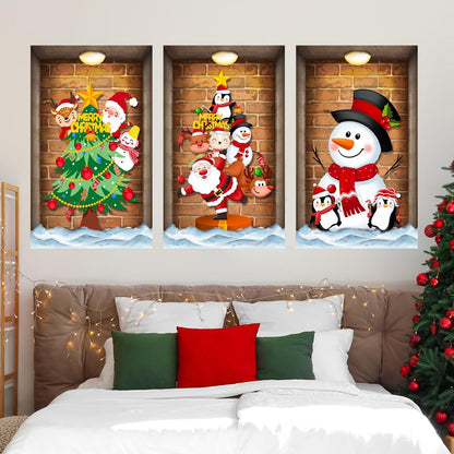 3 Pcs Christmas Wall Decals Christmas Tree Snowman Santa Claus Faux Closet Wall Stickers 3D Realistic Wall Art Mural for Xmas Holiday Festival Party Supplie
