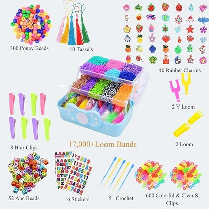 17000+ Loom Bands Kit - 40 Vibrant Colors Loom Bands – Rubber Bands Bracelet Making Kit with A,B,C Beads, S Hooks and Tools with Storage Box - DIY Arts & Crafts Gift for Girls & Boys