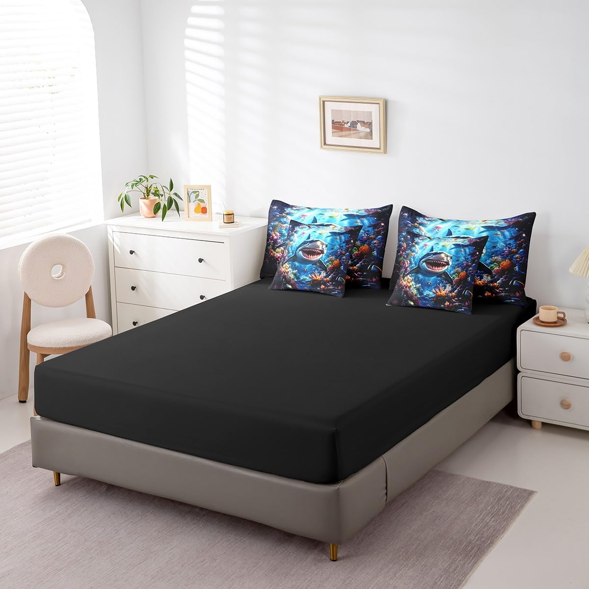 Feelyou Shark Comforter Set 7 Pieces Twin Size Kids, Ocean Sea Animal Bedding Set Boys Girls, Sea Underwater World Bed in a Bag,Comforter + Sheets + Pillowcases + Cushion Covers
