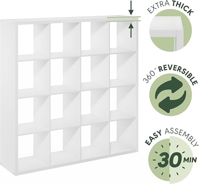 Furinno Cubicle Book Shelf, 16-Cube Bookshelf, Extra Thick Frame Reversible