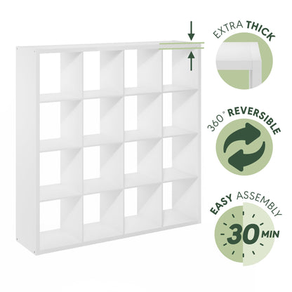 Furinno Cubicle Book Shelf, 16-Cube Bookshelf, Extra Thick Frame Reversible Bookcase with Open Back, 14.6" x 58" x 58", for Living Room, Bedroom, Home Office, White