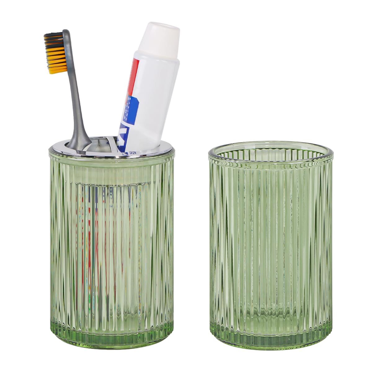 Tonxus Green Toothbrush Holders for Bathrooms, 2pcs Glass Toothbrush Holder and 12oz Bathroom Tumbler Cup Set, Silver Tooth Brush and Toothpaste Organizer for Bathroom Vanity Countertop