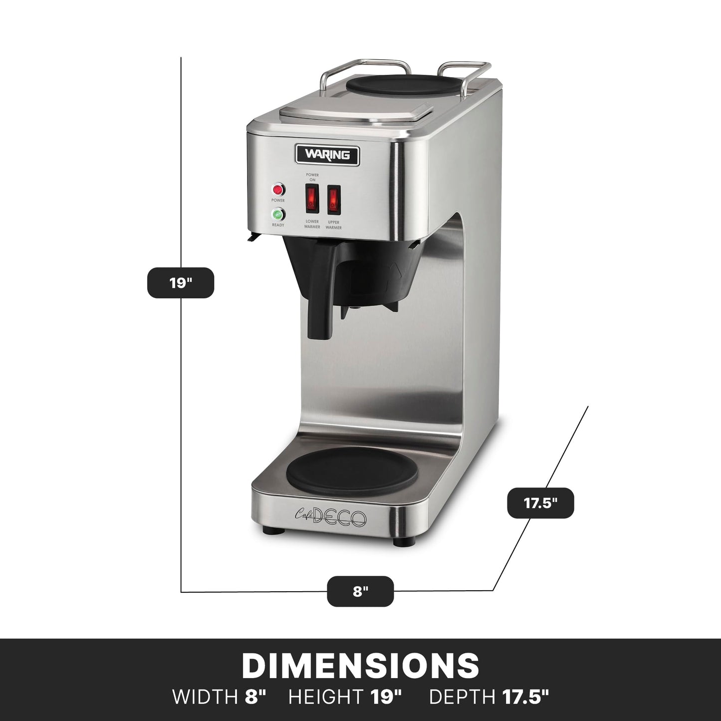 Waring Commercial Café Deco Pour Over Coffee Brewer, 3 Gallons per Hour, 2 Individual Warmers, Fits Large 64 oz Decanters, Stainless Steel, No Plumbing, NSF Certified, WCM50