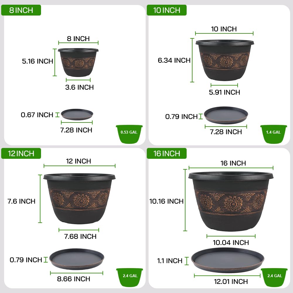 Usocik 4 Pack 16 inch Plant Pots, Retro Pattern Planters with Drainage Holes and Saucer, Sturdy Plastic Garden Flower Pots for Indoor & Outdoor Plants