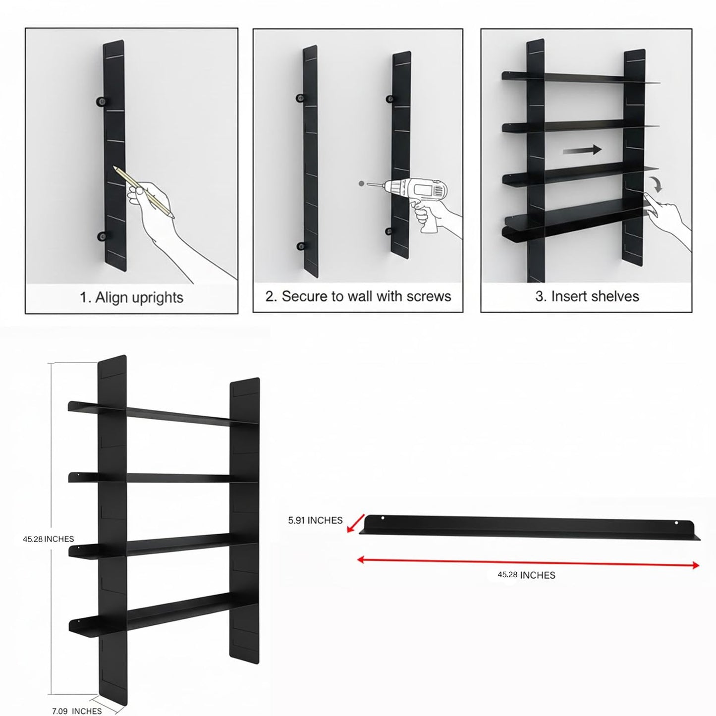 AxureM Modern 4-Tier Floating Wall Shelf, Heavy Duty Metal Bookcase, Decorative Wall Mounted Metal Shelf for Living Room, Bedroom & Office – Designer Home Decor (Orange)