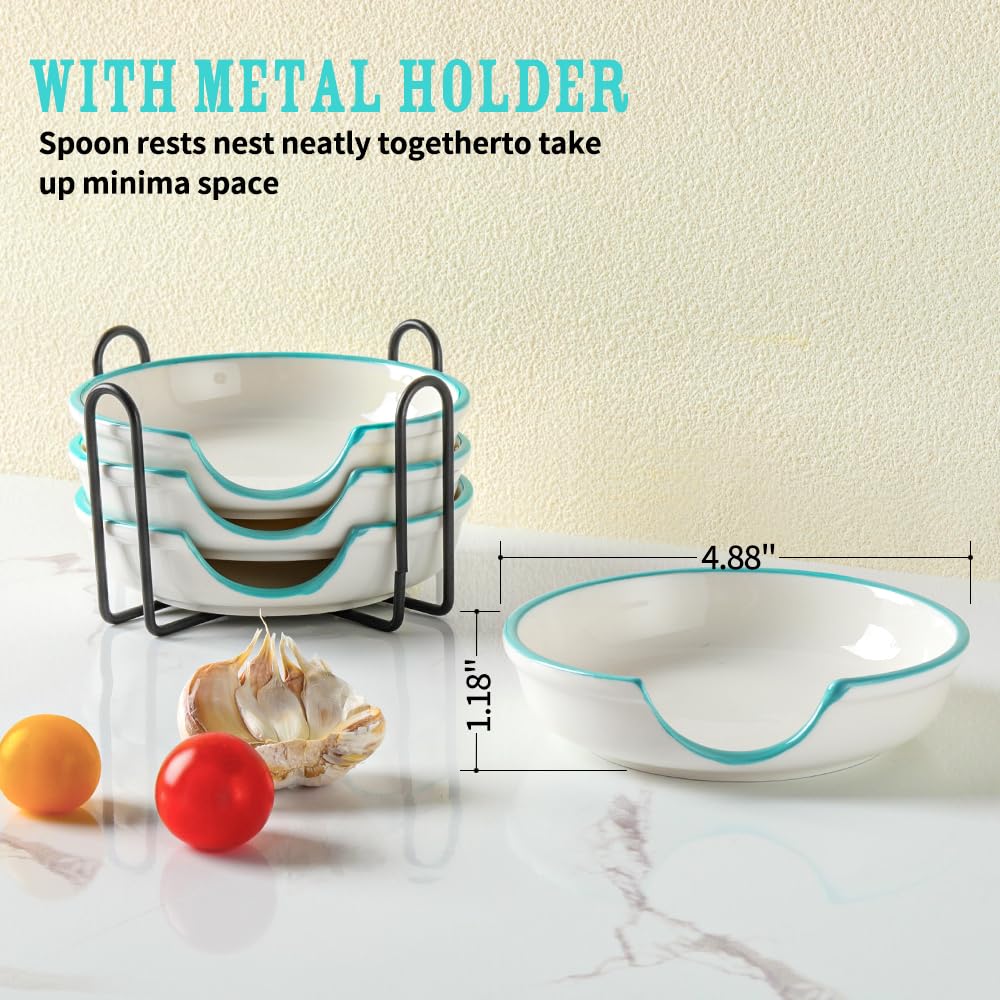 Spoon Rest for Stove Top, Metal Holder with 4-Piece Spoon Rest Kitchen Decor Spoon Holder for Ladle Tong Cooking Utensils Set Farmhouse GIft