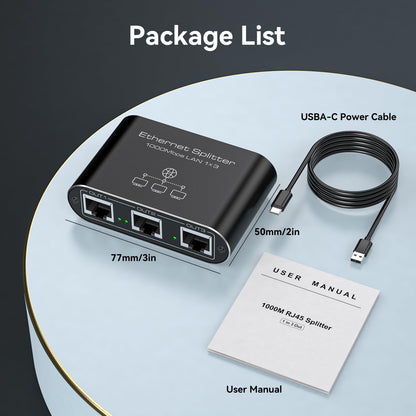 VEDINDUST Ethernet Splitter 1 to 3 1000Mbps High Speed Internet Lan Network Switch With USB C Power Cable for Computers Hubs Routers Set Top Boxes Digital TV