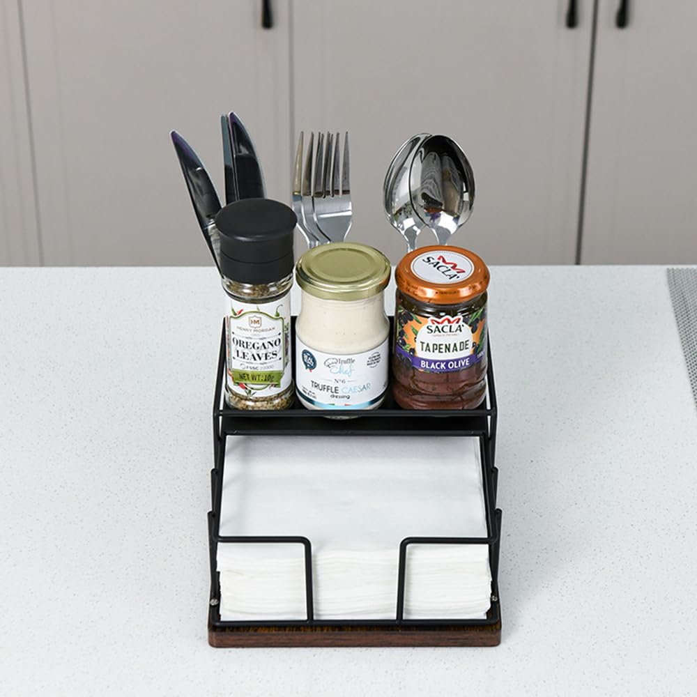 Napkin Holder for Table, Countertop Organizer - Flatware Holder for Forks, Spoons, Knives, Napkin Dispenser and Salt and Pepper Shakers Storage, Kitchen Cutlery Caddy for Dining Table, Buffet, Camping