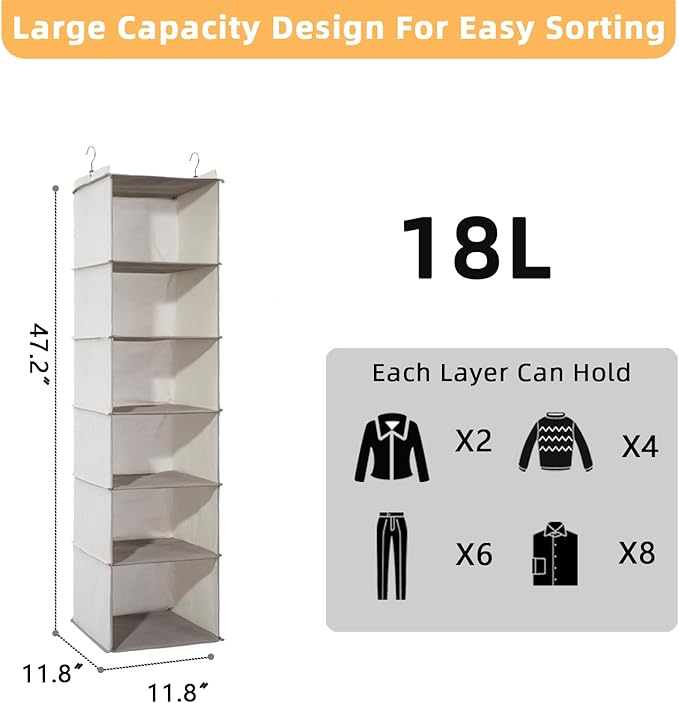 2 Packs Hanging Closet Organizer, 6-Shelf Closet Organizers and Storage