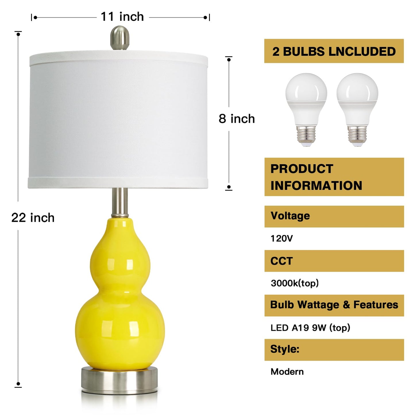 luxeflow Double Gourd Ceramic Table Lamps Set of 2, Yellow Modern Bedside Lamps for Living Room, Contemporary Nightstand Desk Lamps for Bedroom End Table Home Office Decor(2 LED Bulbs Included)