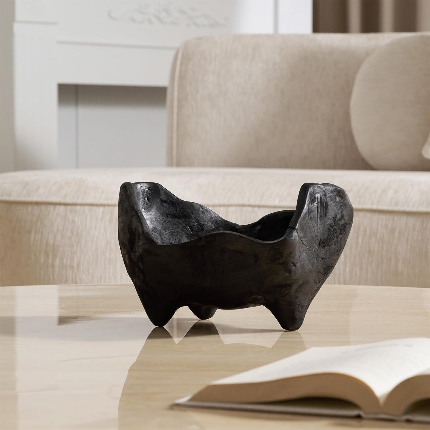 DN DECONATION Oak Wood Black Decorative Bowl-9.25x5.51 Inch Small Bowl for Entryway Key, Fruit, Candy with feet, Boho Farmhouse Home Decor for Dining Room, Coffee Table Centerpiece