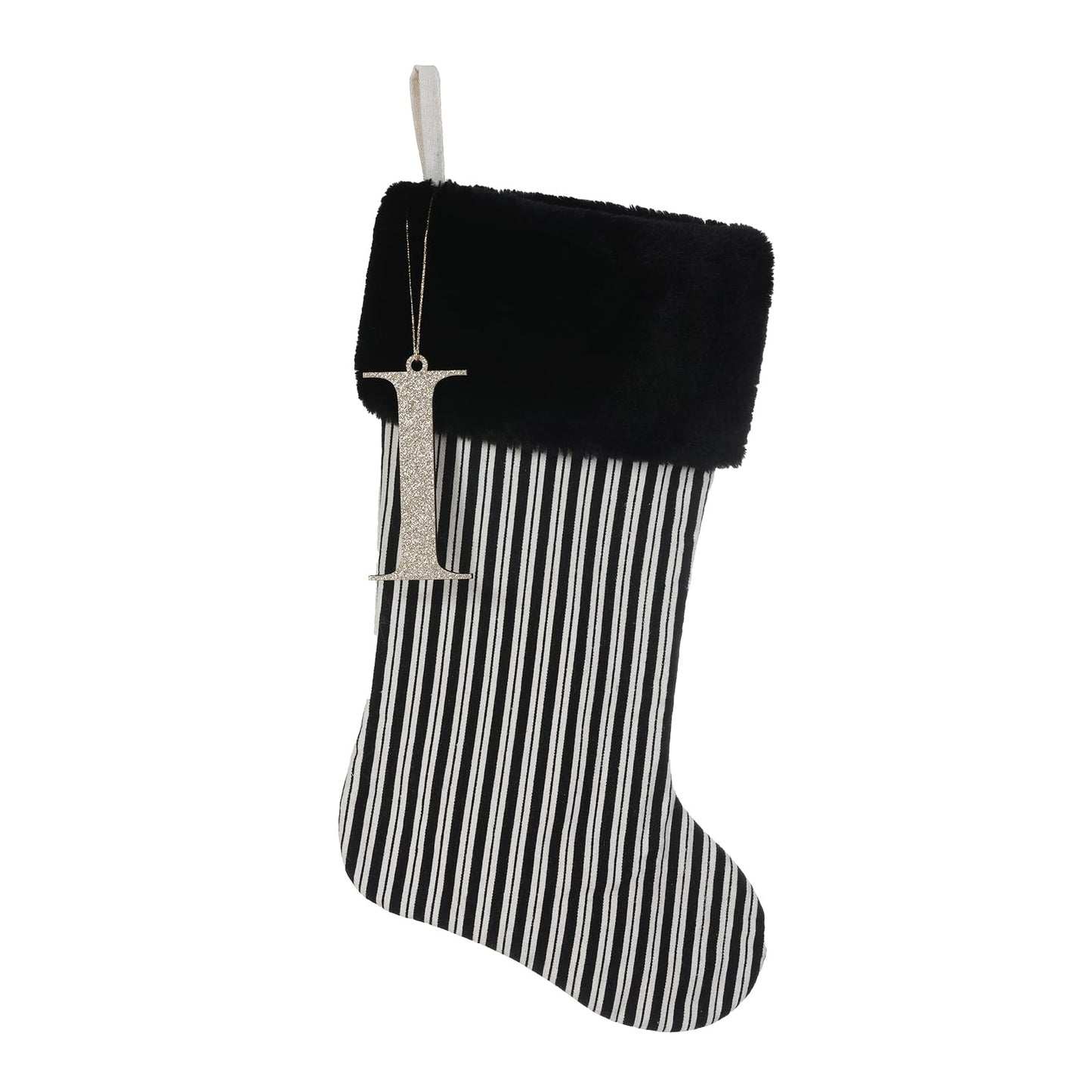 JKSVE 20 Inch Black Vertical Stripe Christmas Stocking, Personalized Gold Wooden Initial Monogram Christmas Stocking,Christmas＆Halloween Holiday Party Decor（I）