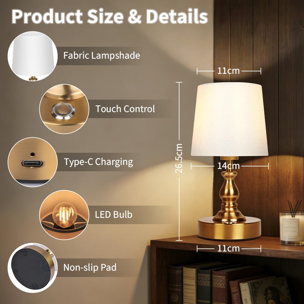 AUAUY Table Lamp for Bedroom, 5200mAh Battery Powered Touch Bedside Lamps, Rechargeable Desk Lamp Cordless, 3 Way Dimmable, Nightstand Lamps with Fabric Shade for Home Living Room Office Study, Gold