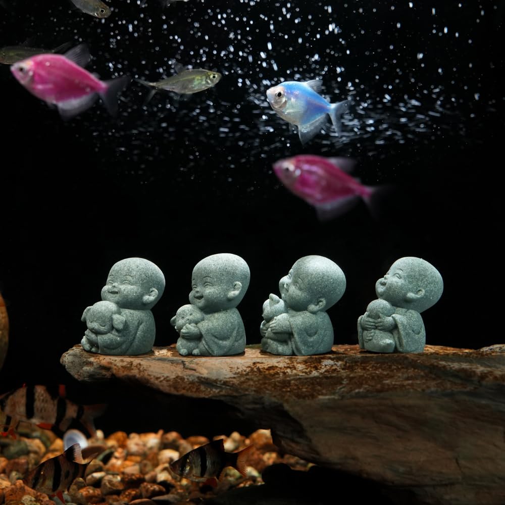 FADECOR 4pcs Mini Buddha Statue with Animal Companion, Aquarium Decor, Feng Shui Zen Monk Sandstone Sculpture, Cute Small Fish Tank Ornament for Home Garden, Buddha Decoration