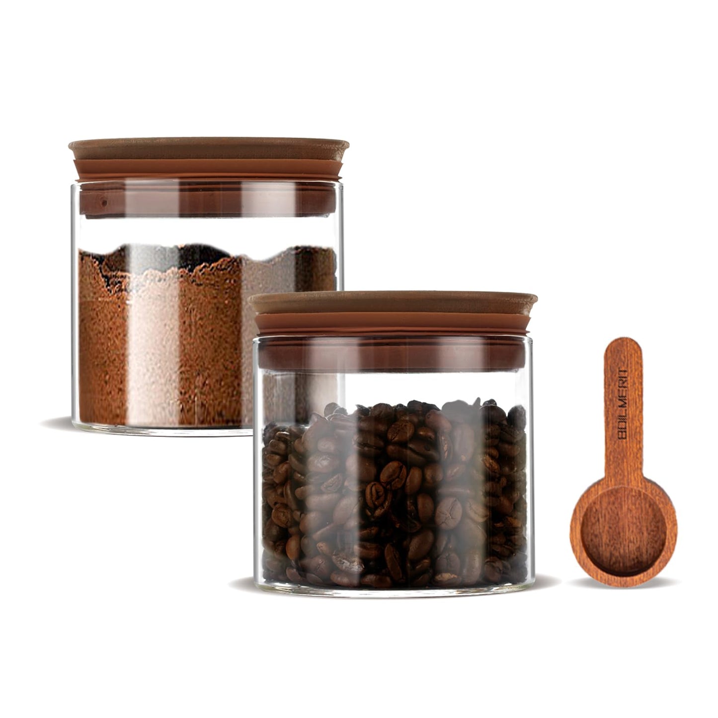 BOILMERIT 17 oz Coffee Canister with Scoop and Wooden Lids, Airtight Glass Coffee Beans Storage Container Sets of 2 for Ground Coffee,Food Storge Jars for Ground Coffee Bar Cereal Snack