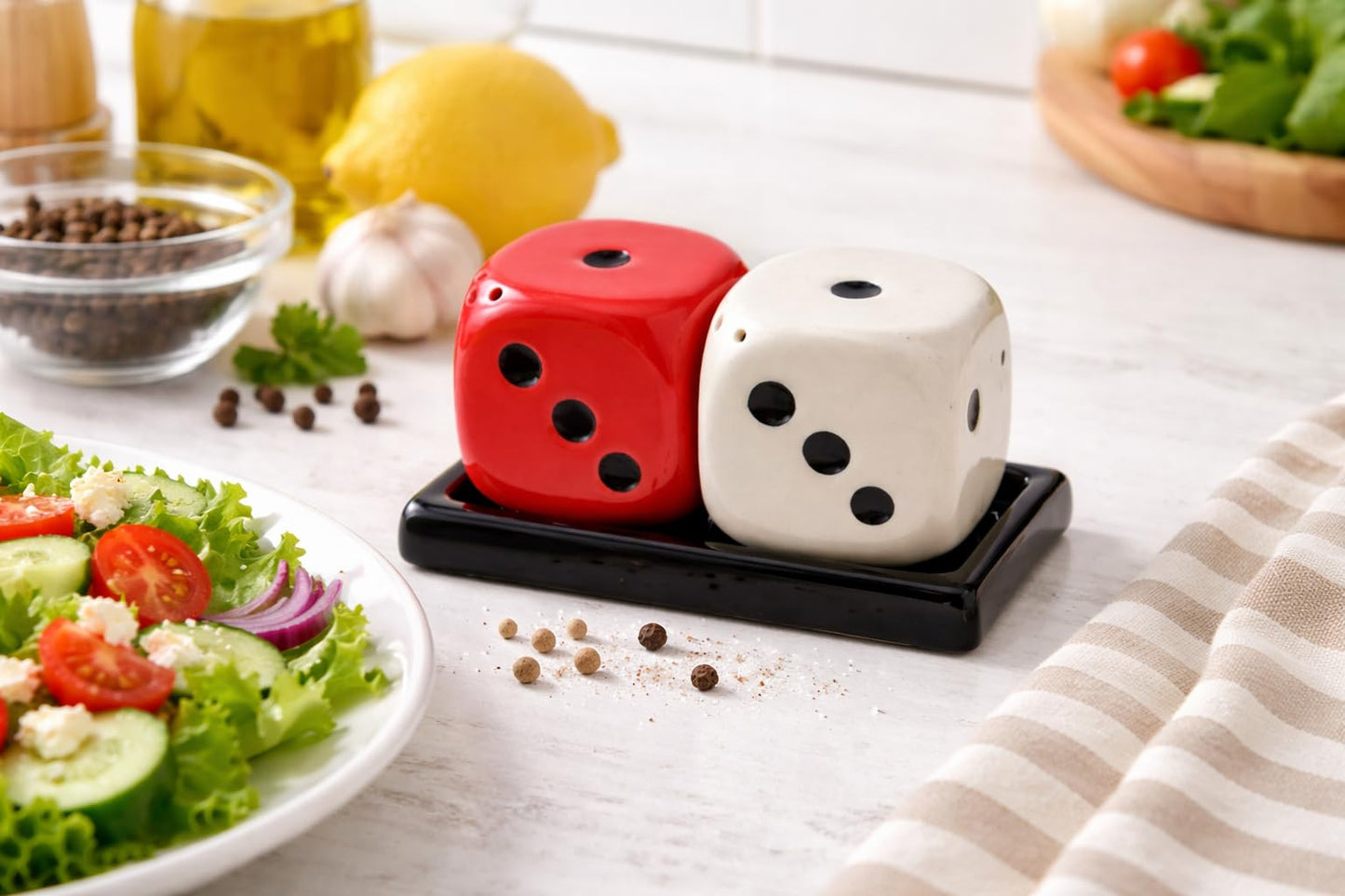 Ceramic Salt & Pepper Shaker Set with Tray – Refillable Stoneware Seasoning Jars, Food Safe Lead-Free Spice Dispenser, Durable Kitchen Tableware, Dining Table Decor & Home Gift Set, 2.5 Inch