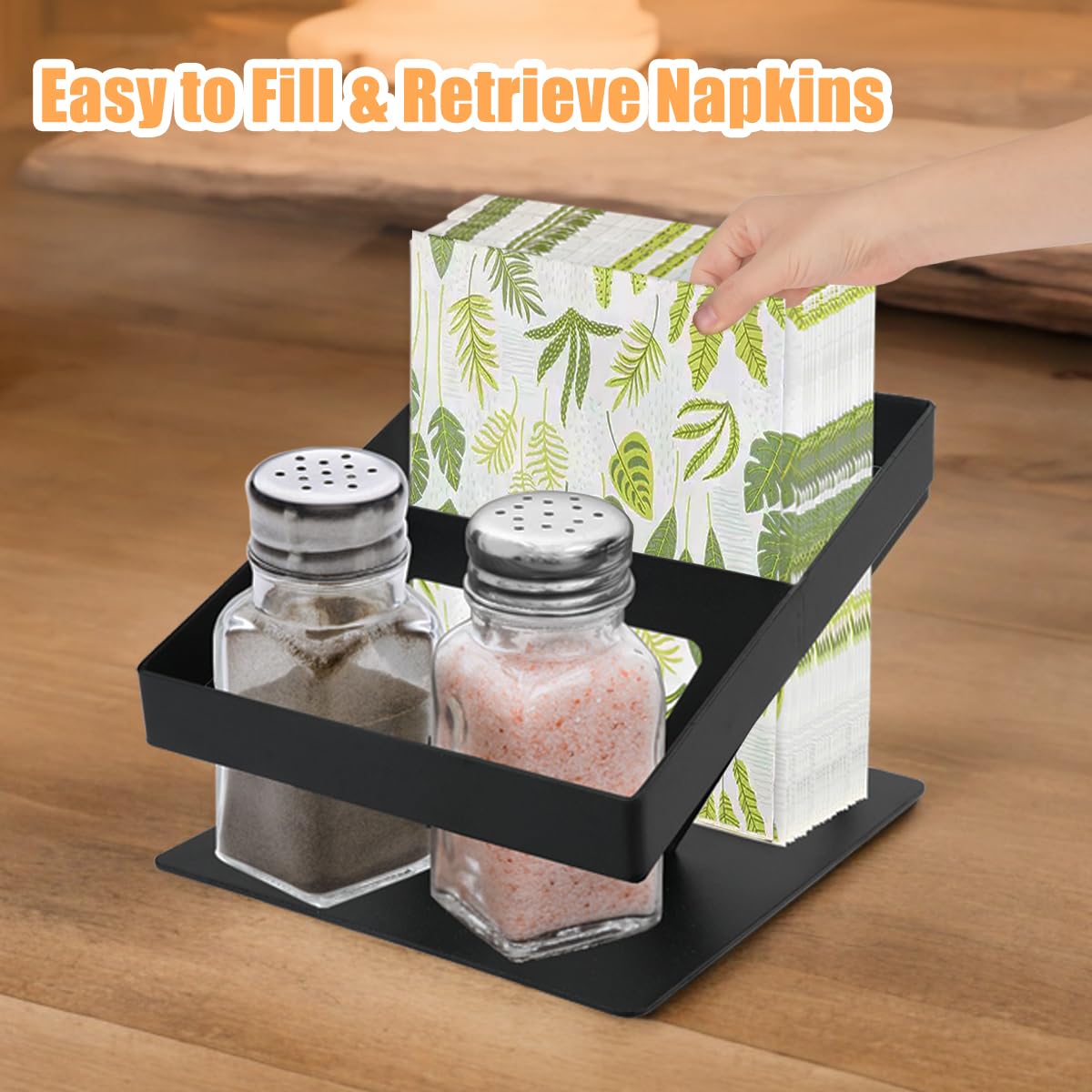 Napkin Holder for Table, SHAIDOJIO Metal Napkin Holder with Salt and Pepper Shakers Cadddy, Standing Paper Napkins Storage for Kitchen Dining Table Centerpiece Decor (Black)