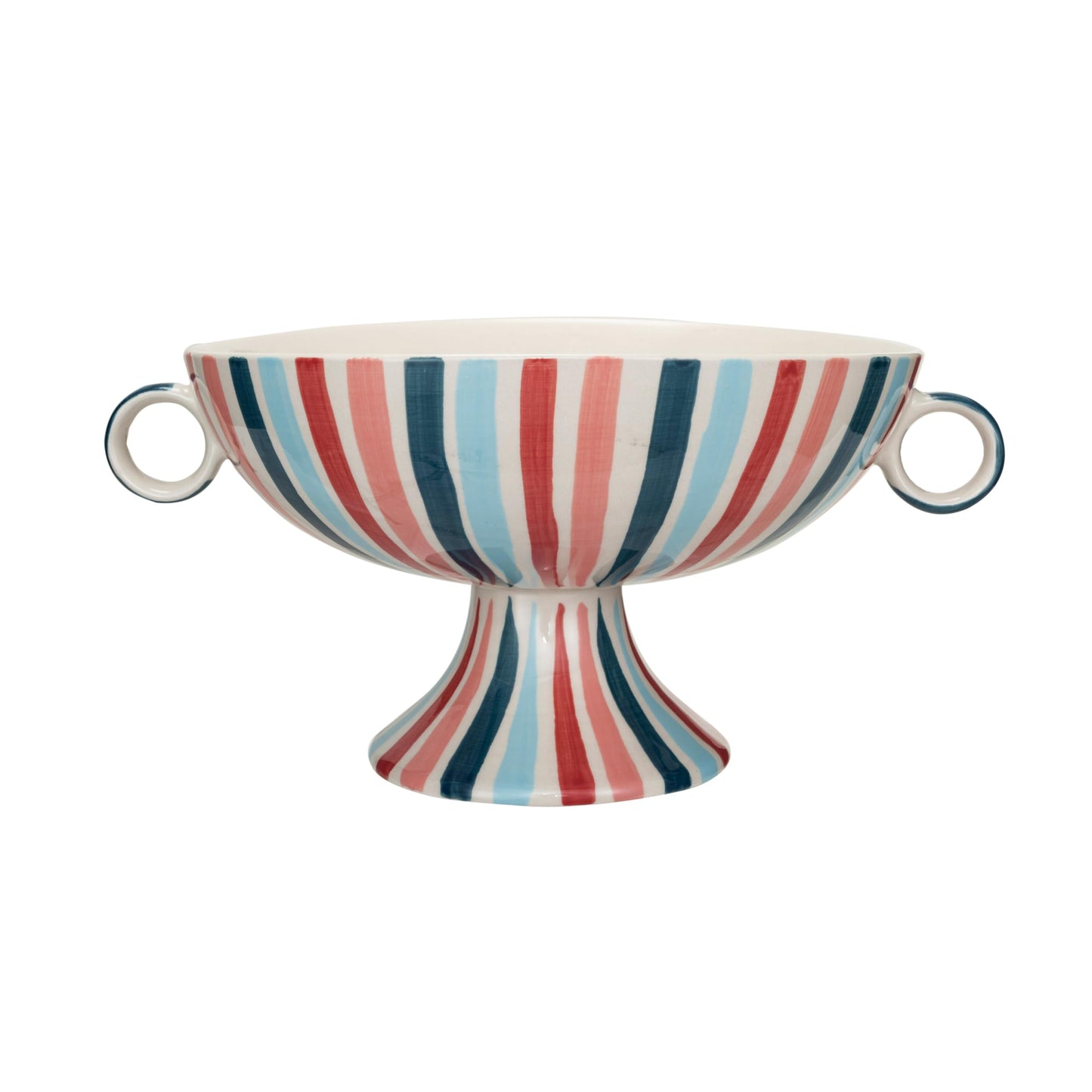 Creative Co-Op Hand-Painted Stoneware Footed Bowl with Handles and Stripes, Multicolor