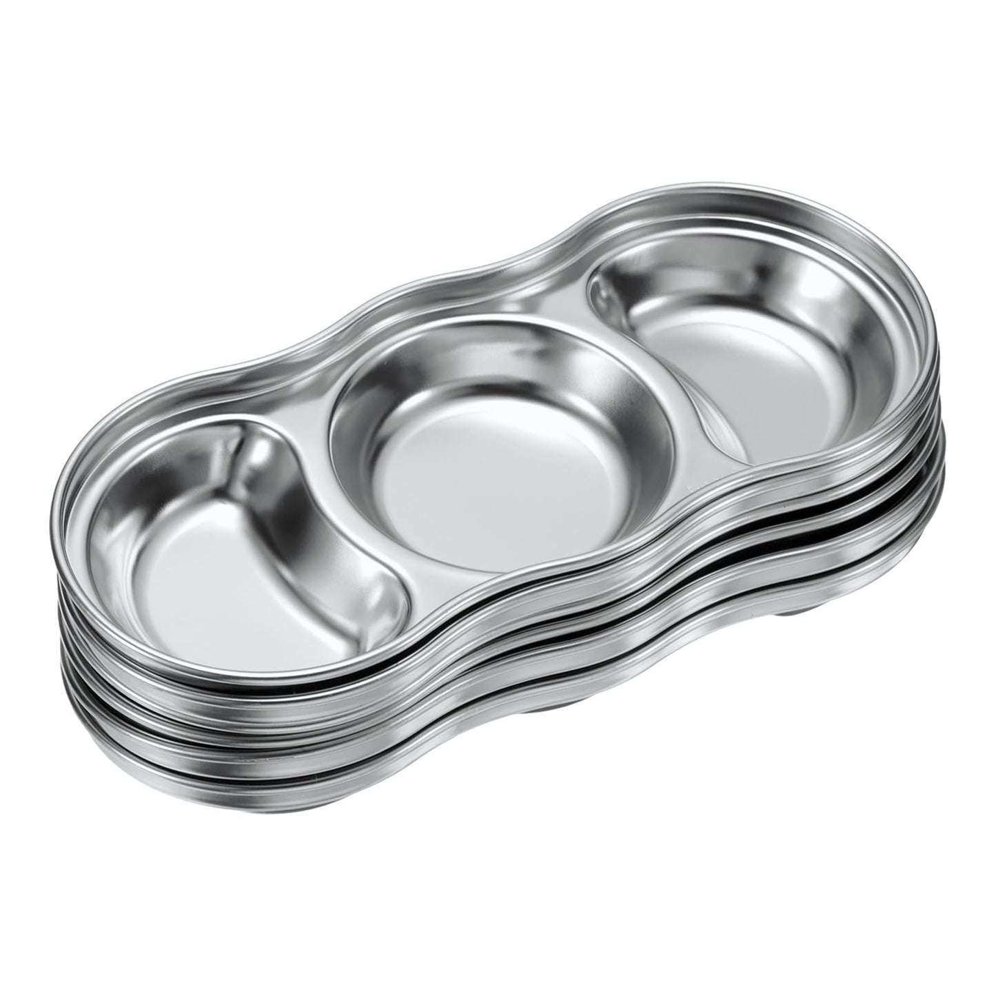 uxcell 6 Pack Stainless Steel Dish Dipping Bowls with 3 Round Compartment Divided, Metal Seasoning Plate Dipping Bowl for Condiment Home Party Restaurant Picnic Travel, Silver