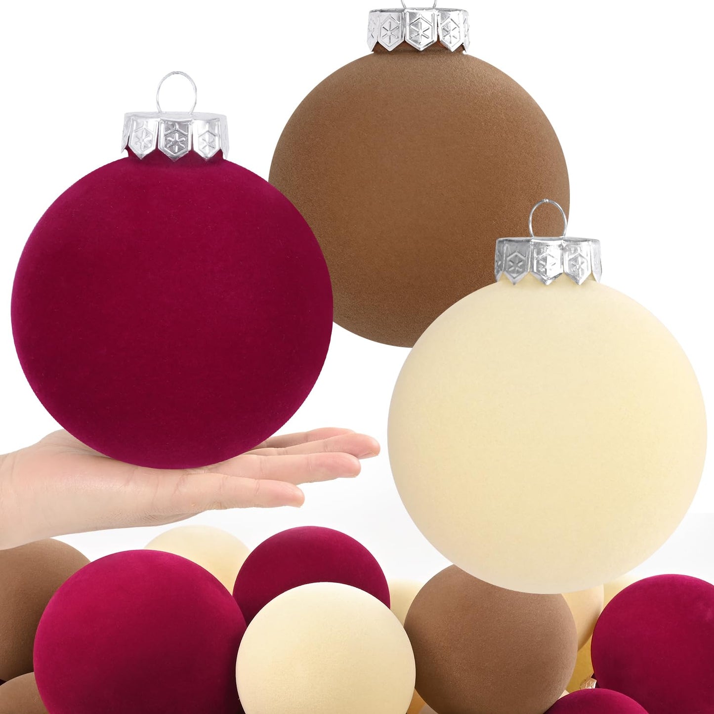 15 Pcs(3.9 In/100 mm) Velvet Christmas Ornaments Balls Set, Brown Red Neutral Christmas Tree Ornaments, Flocked Xmas Tree Balls for Xmas Holiday Party Decorations