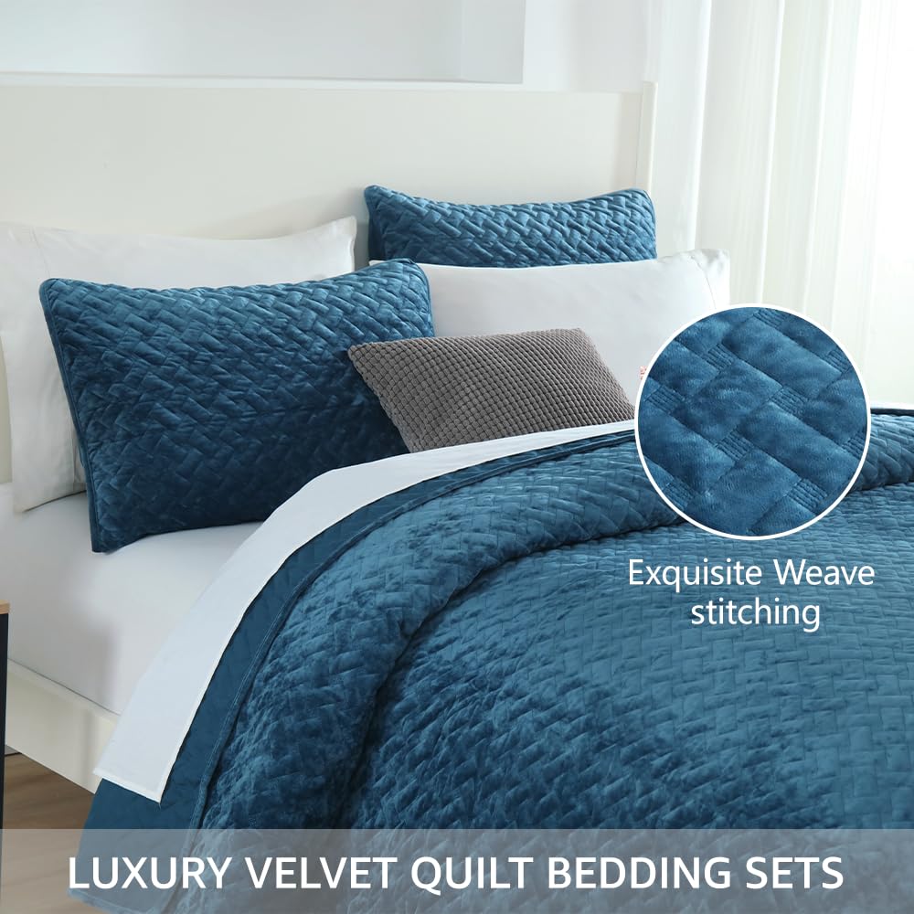 Liians Velvet Bedspread Quilt Bedding Sets,Luxury Elegant Ultra Soft Velvet Comforters Coverlet Blankets,Weave Stitching Pattern Cotton Quilted Bedspread for All Seasons,Azure Blue,Queen Size