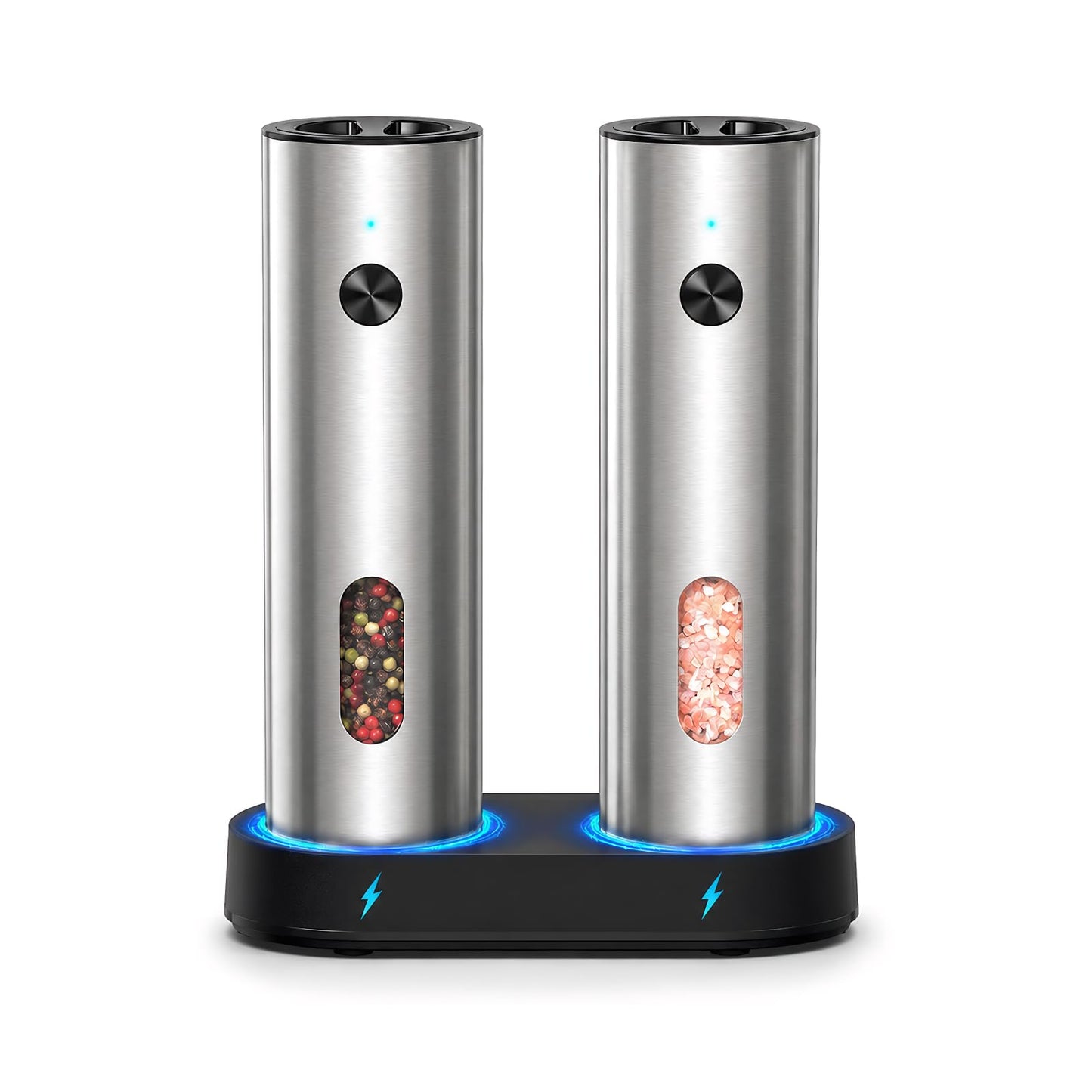 TeSabMi Electric Salt and Pepper Grinder Set, Rechargeable with USB C Charging Base, 110ml Large Capacity, 5-Level Adjustable Coarseness, Stainless Steel, LED Light, Automatic