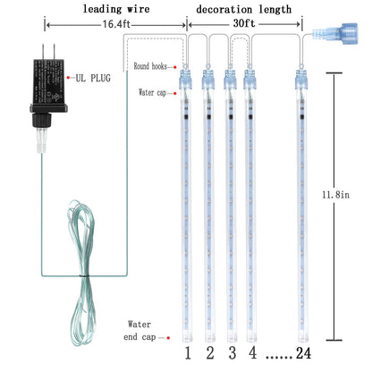 Kwaiffeo Warm White Christmas Lights Outdoor, 24 Tubes(Equivalent to 3 Sets of 8-Tube) LED Meteor Shower Lights for Xmas Wedding Party Decorations, Warm White Fairy Icicle Light for Yard Outside