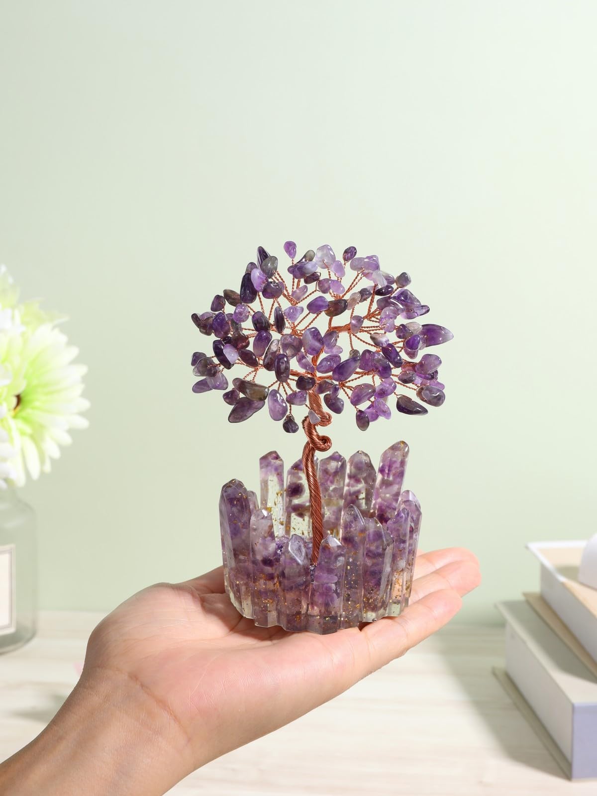 Jovivi Natural Amethyst Crystal Tree Wire Wrapped Chipped Gemstone with Resin Crystal Base,Feng Shui Bonsai Money Tree Handmade Spiritual Healing Crystals Decor Home Ornament