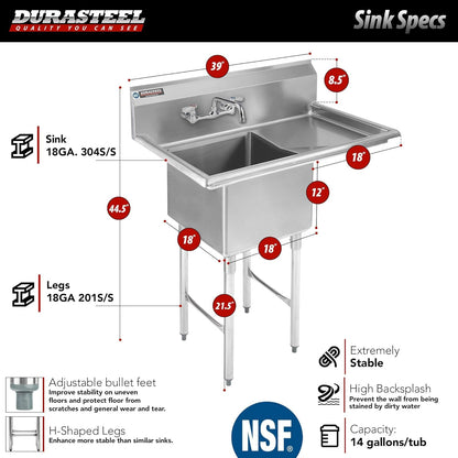 DuraSteel Commercial Stainless Steel Utility Sink - NSF 18 x 18 x 12 Bowl with Right Drainboard & Faucet - Freestanding Outdoor Kitchen Sinks, Outdoor Sinks, Laundry Sink, Garage Shop, Utility Tub