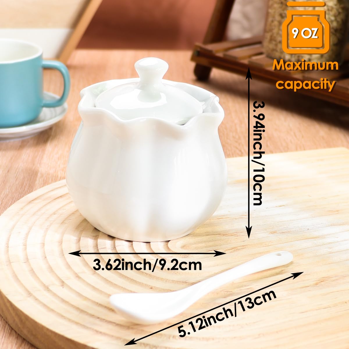 Swetwiny Ceramic Sugar Bowl with Lid and Spoon, Flower-Shaped Porcelain Salt Storage Jar, White Seasoning Container for Home and Kitchen, 9 Ounces