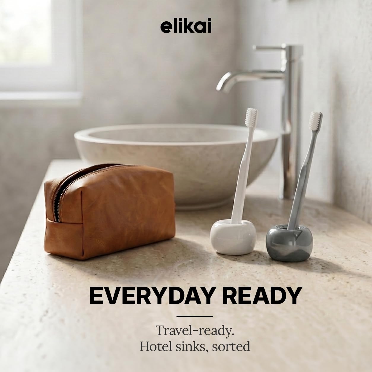 ELIKAI Ceramic Toothbrush Holders with Bathroom Tray, Countertop Organizer for Toothbrushes and Accessories, Hygienic Individual Holder Set (Grey & White, 2 Holders)