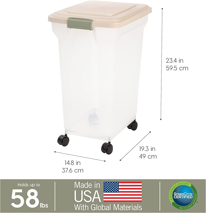 IRIS USA Dog Food Storage Container 58 lbs, Attachable Wheels,