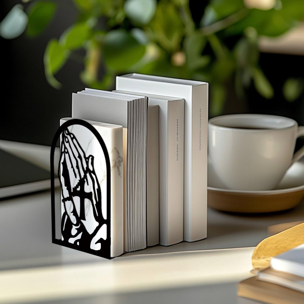Peacoblue Metal Bookends for Shelves, Modern Decorative Heavy Duty Study Book Support Stoppers for Office, Desk, Shelf, Room 5.3"x4.3"x7.8" Cast Iron Tall Bookends, 1 Pair (Praying Hands and Cross)
